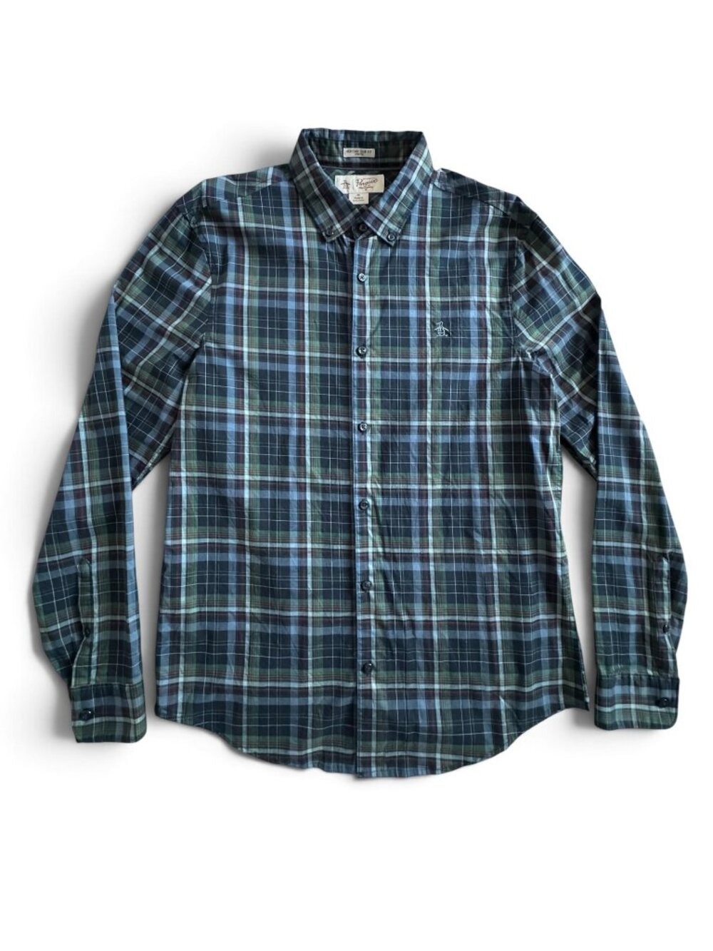 Original Penguin Men’s Heritage Slim Fit Stretch LS Plaid Button-down Shirt, Med